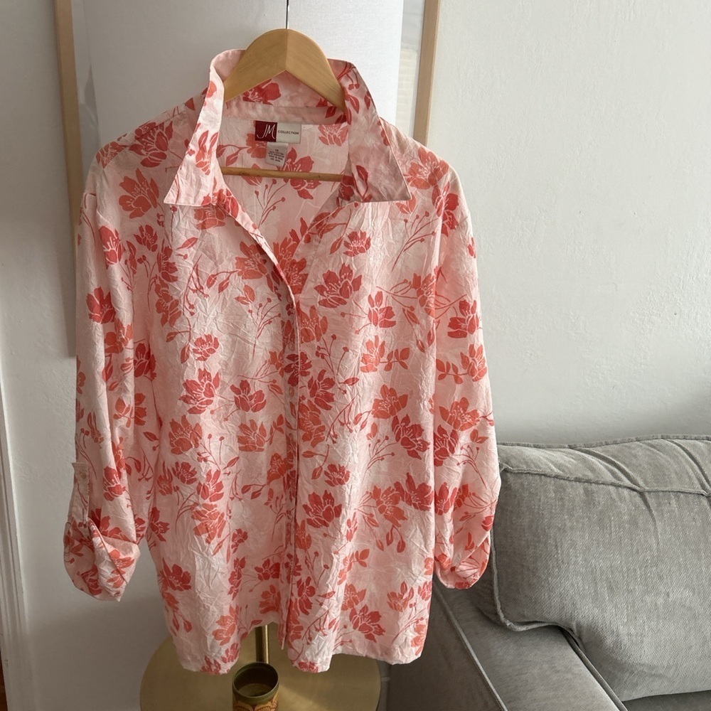 Pink Floral Coastal Tropical Shirt Button Up Oversized Summer Size 16 - Picture 3 of 9